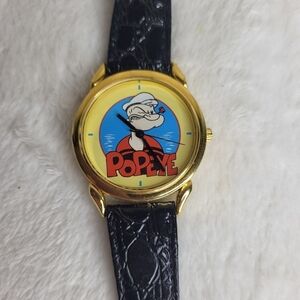 Vintage Popeye Watch. Black leather band. Cartoon